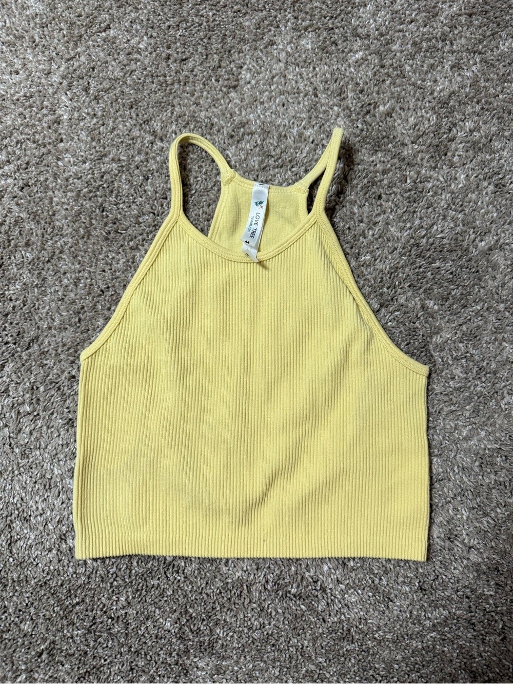Love Tree Lemon Yellow Ribbed Halter Crop Top